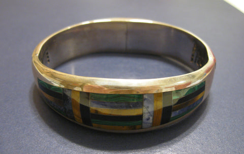 SS Sterling Silver heavy hinged bangle with a mosaic inlay stone design