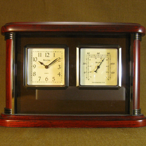 Bulova Mantle Table Clock and Thermometer B2296 Dark wood finish NIB